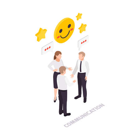Soft skills concept icon with three workers communicating isometric vector illustrationのイラスト素材