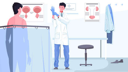 Mans doctor flat composition with male patient visiting andrologist or urologist cabinet vector illustrationのイラスト素材