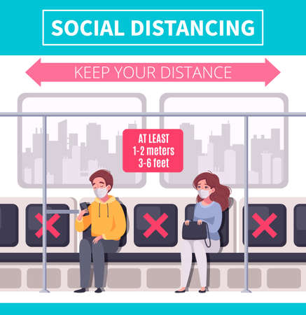 Social distancing infographics with people keeping away from each other in public transport cartoon vector illustrationのイラスト素材