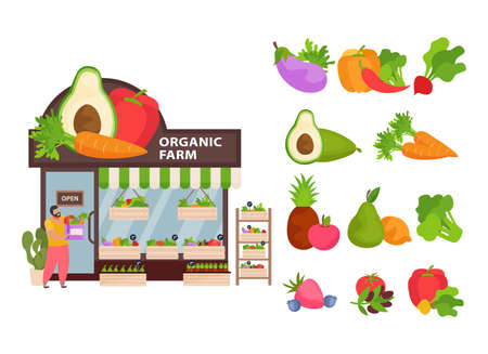 Small business concept with organic farm symbols flat vector illustrationのイラスト素材