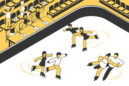 Judges watching three couples participating in figure skating competition 3d isometric vector illustrationのイラスト素材