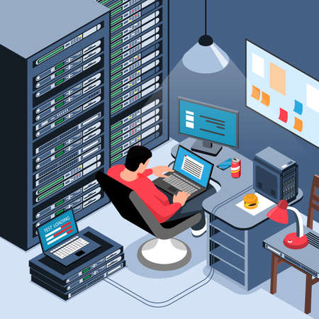 Male sysadmin working on laptop in his office 3d isometric vector illustrationのイラスト素材