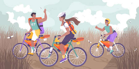 Bike tourism family flat and colored composition group of people walking on bikes vector illustrationのイラスト素材