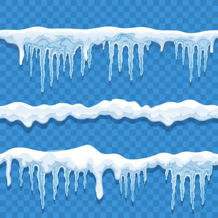 Snow ice cap seamless border set on transparent background with lines of snow and hanging icicles vector illustrationのイラスト素材
