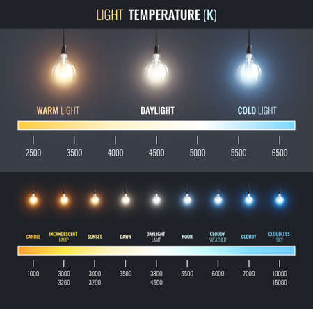 Light temperature infographics with linear chart from warm to cold lighting with text captions for applications vector illustrationのイラスト素材