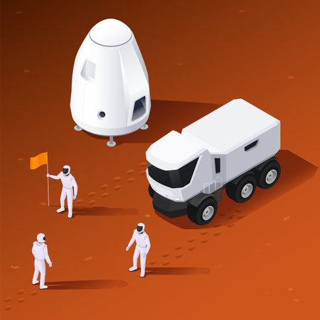 Modern space program isometric composition with view of extraterrestrial terrain landing module and astronauts crew vector illustrationのイラスト素材
