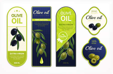 Olive oil labels design set realistic isolated vector illustrationのイラスト素材