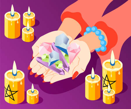 Magical services isometric composition with hands of fortune teller holding bunch of stones with burning candles vector illustrationのイラスト素材