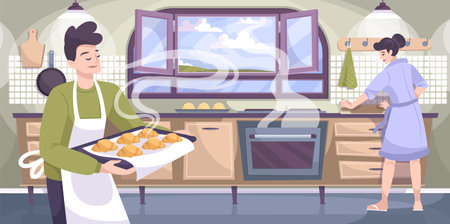 Homemade baking composition with view of house kitchen with oven and baked croissants with human characters vector illustrationのイラスト素材