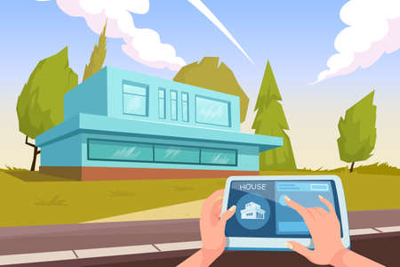 Smart house guard flat composition with outdoor view of house with remote control app for tablet vector illustrationのイラスト素材