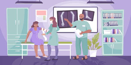 Traumatology clinic doctor composition patient with broken arm sits in traumatologist office vector illustrationのイラスト素材