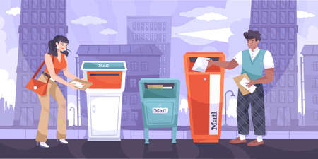 Sending letter flat composition with city landscape background and mailboxes with sender and postal worker characters vector illustrationのイラスト素材