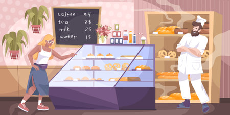 Bakery shop composition with flat human characters and indoor scenery of bakers store with baked foods vector illustrationのイラスト素材