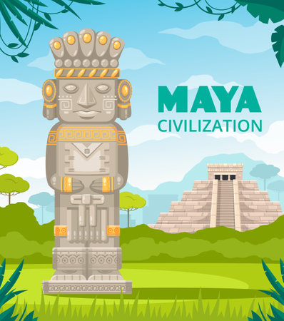 Maya ancient civilization culture architectural monuments staircase temple rulers deity sculpture outdoor cartoon composition vector illustrationのイラスト素材