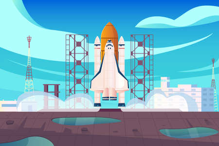 Rocket launch flat composition with view of launching site with space center buildings and starting...