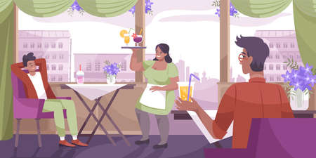 Cool drink cafe flat composition with cafe interior design and waiter brings a drink to visitor vector illustrationのイラスト素材