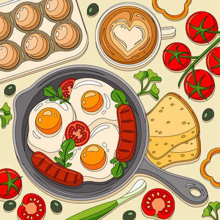 Coloring breakfast fried eggs toast composition with frying pan and scrambled sausages with tomatoes on table vector illustrationのイラスト素材