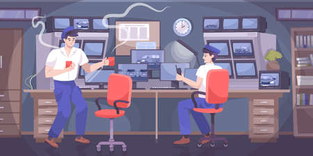 Parking security flat composition with human characters of guards in cctv surveillance room with computer screens vector illustrationのイラスト素材