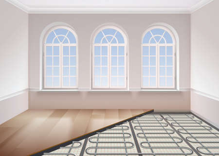 Floor heating realistic composition with view of room with windows and metal tubes under floor surface vector illustrationのイラスト素材