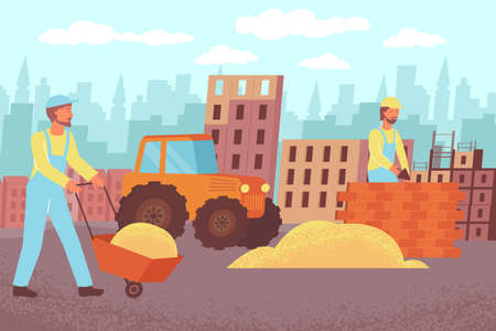 Construction brick house flat composition with outdoor scenery cityscape silhouette and characters of builders with supplies vector illustrationのイラスト素材
