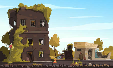 City ruins with destroyed abandoned buildings in war zone cartoon background vector illustrationのイラスト素材