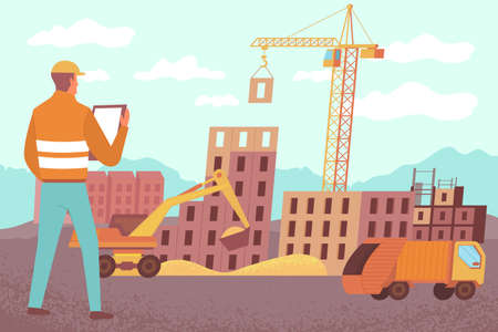 Home construction truck crane flat composition with houses on construction site with crane truck and excavator vector illustrationのイラスト素材