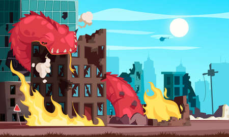 Cartoon attacking giant worm destroying building vector illustrationのイラスト素材
