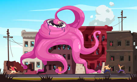 Giant monster with tentacles destroying city and people running from it cartoon vector illustrationのイラスト素材
