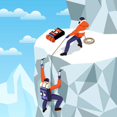 Isometric mountaineering composition with outdoor highland scenery ice mountain and two climbers having hold of rope vector illustrationのイラスト素材