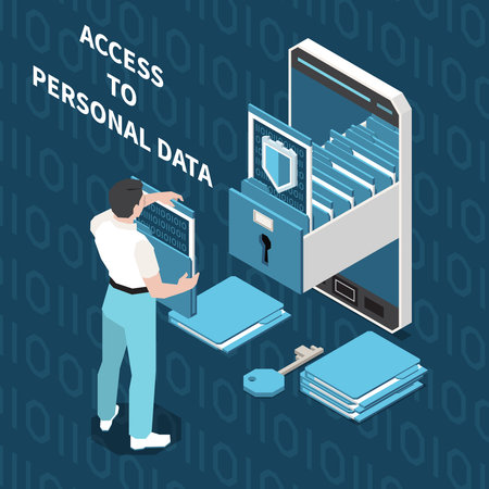 Digital privacy personal data protection isometric composition with human character and smartphone with lock and shield vector illustrationのイラスト素材
