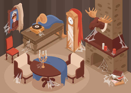 Old room interior with old furniture fireplace and decorations isometric vector illustrationのイラスト素材