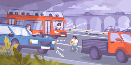 Child safety on road background with cars and kid flat vector illustrationのイラスト素材