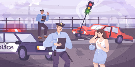 Traffic police background with car accident symbols flat vector illustrationのイラスト素材
