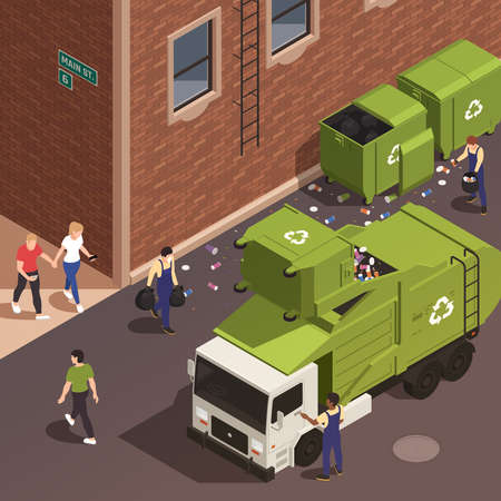 Garbage removal isometric poster with waste pickers in uniform loading trash into green truck from tanks vector illustrationのイラスト素材