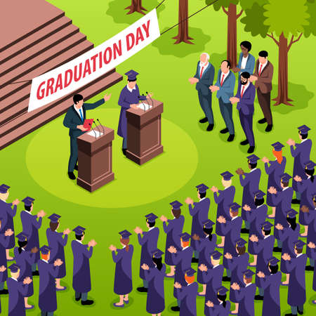 Isometric graduation composition with crowd of students in hats and speakers at tribunes with text placard vector illustrationのイラスト素材