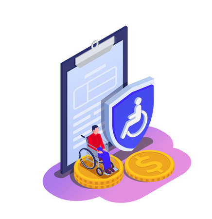 Social security unemployment family benefits isometric composition with disabled person on wheelchair paper contract and shield vector illustrationのイラスト素材