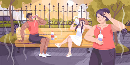 Weather heat composition with flat city park scenery and suffering human characters overheating and getting burned vector illustrationのイラスト素材
