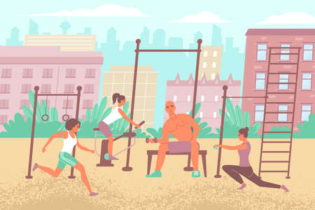 City sports ground composition with flat outdoor cityscape and gym equipment with people performing workout exercises vector illustrationのイラスト素材