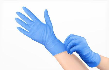 Pare of human hands in blue latex gloves used for personal protection realistic design concept vector illustrationのイラスト素材