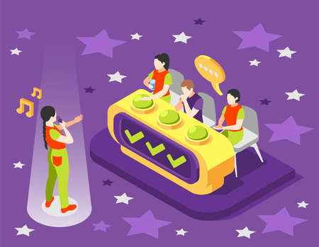 Isometric quiz tv show composition with singing woman in front of judge seats with show buttons vector illustrationのイラスト素材