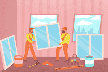 Installation of windows flat composition with indoor view of living room with finishing workers holding window vector illustrationのイラスト素材