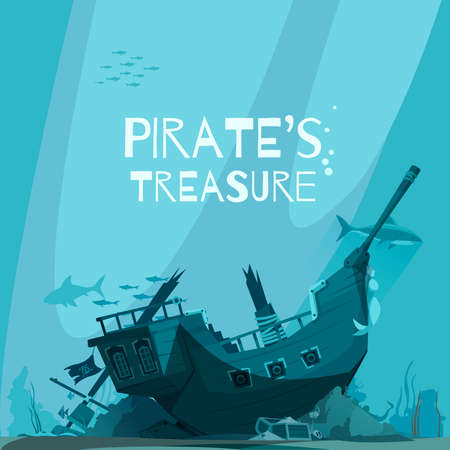 Pirate background composition with underwater scenery and fishes with sunken pirate vessel ship wreck with text vector illustrationのイラスト素材