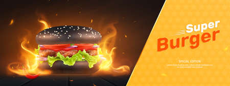 Burger advertising composition with realistic image of black bun burger in burning flame with editable text vector illustrationのイラスト素材