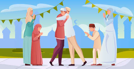 Muslim men women and children greeting each other during ramadan flat vector illustrationのイラスト素材