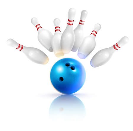 Bowling realistic composition with images of strike ball and flying pins with shadows on blank background vector illustrationのイラスト素材