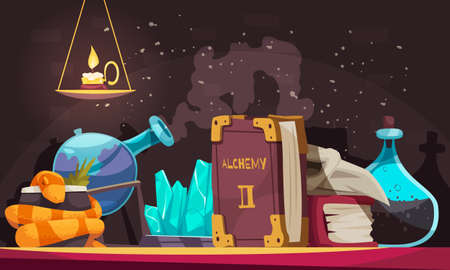 Magic objects with stones flasks alchemy book candle skull snake cartoon vector illustrationのイラスト素材