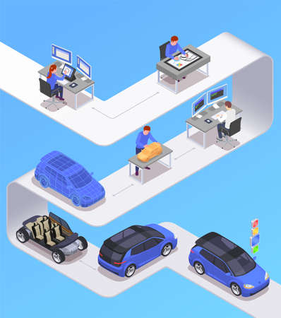 Car designer profession isometric concept with sketching symbols vector illustrationのイラスト素材