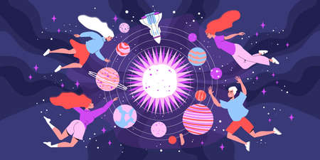 Space cosmos composition with doodle characters of young people floating on orbit among planets and stars vector illustrationのイラスト素材