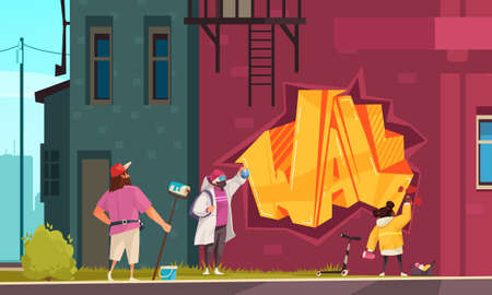 Street artist family father mother kid graffiti painting wall with spray paint rollers stencils cartoon vector illustrationのイラスト素材