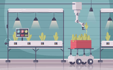 Smart farming cartoon composition with indoor scenery and cabinets with sensors on plants and robotic arm vector illustrationのイラスト素材